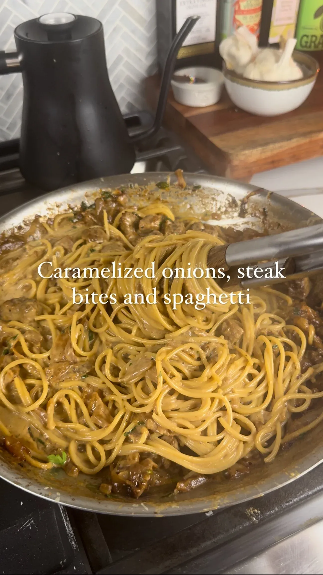 Caramelized Onions, Steak Bites and Spaghetti