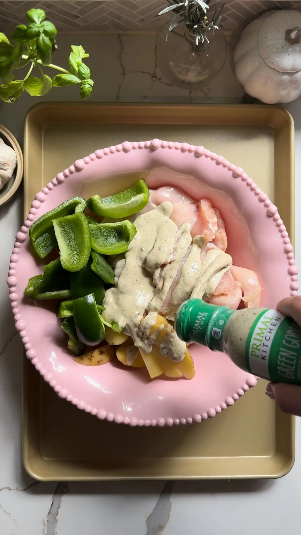 Sheet Pan Chicken, Potatoes, Bacon & Green Goddess