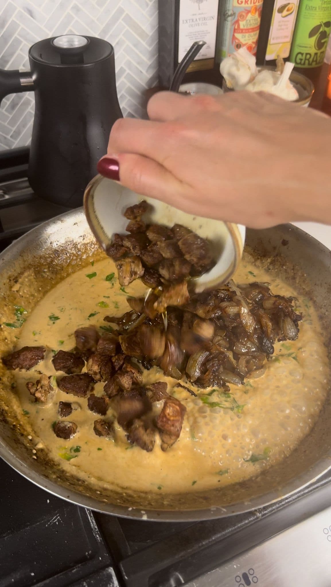 Caramelized Onions, Steak Bites and Spaghetti