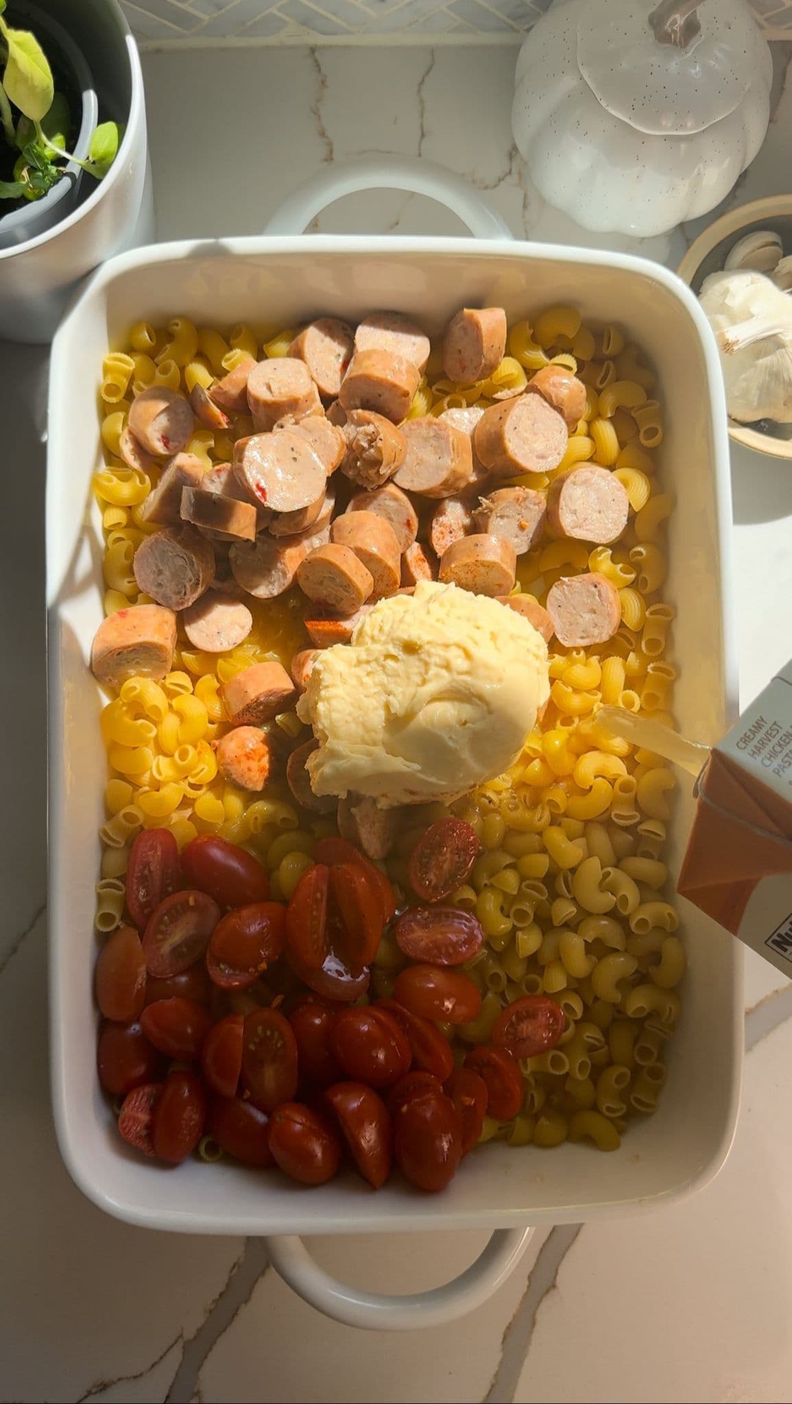 Macaroni and cheddar chicken sausage and cheese